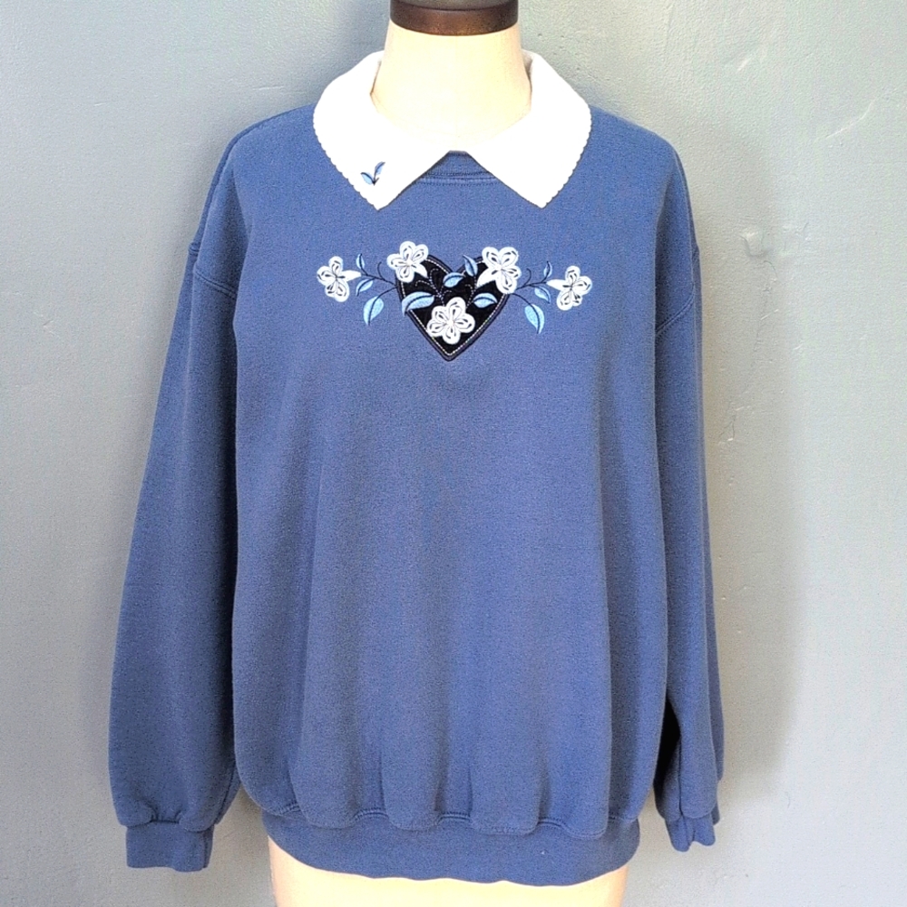 Blue Floral Heart Sweatshirt with White Collar